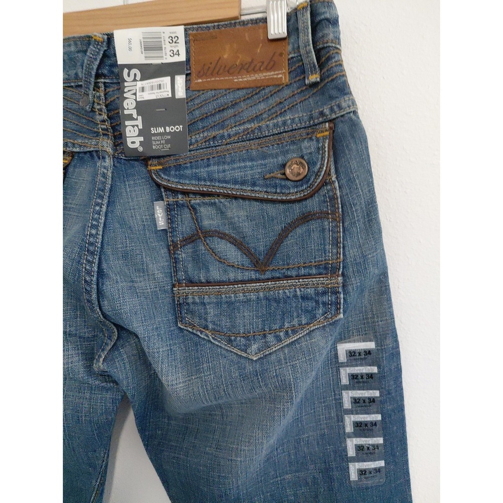 NOS Levi's SilverTab Boot Jeans 32x34 Y2K Blue Denim SLIM BOOT Leather Trim VTG - Picture 7 of 15